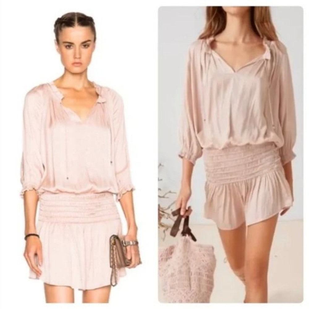 ULLA JOHNSON Olga‎ Rose Satin NWT Smocked Drop Waist Boho Dress Size 6